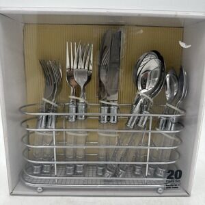 The Cellar Flatware Set Silverware‎ Clear Plastic Handle 2002 NOS W caddy  20 Pc